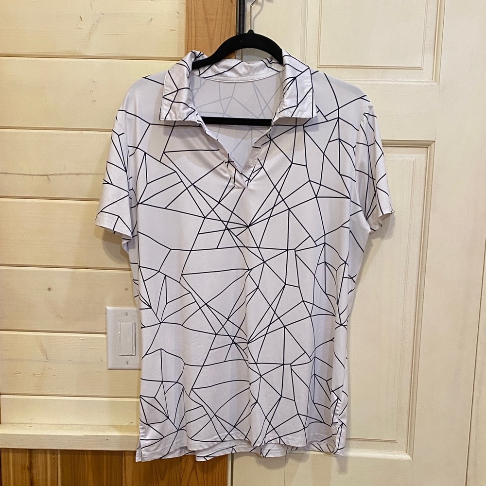 Geometric Print Short-Sleeve Polo Top - White/Black